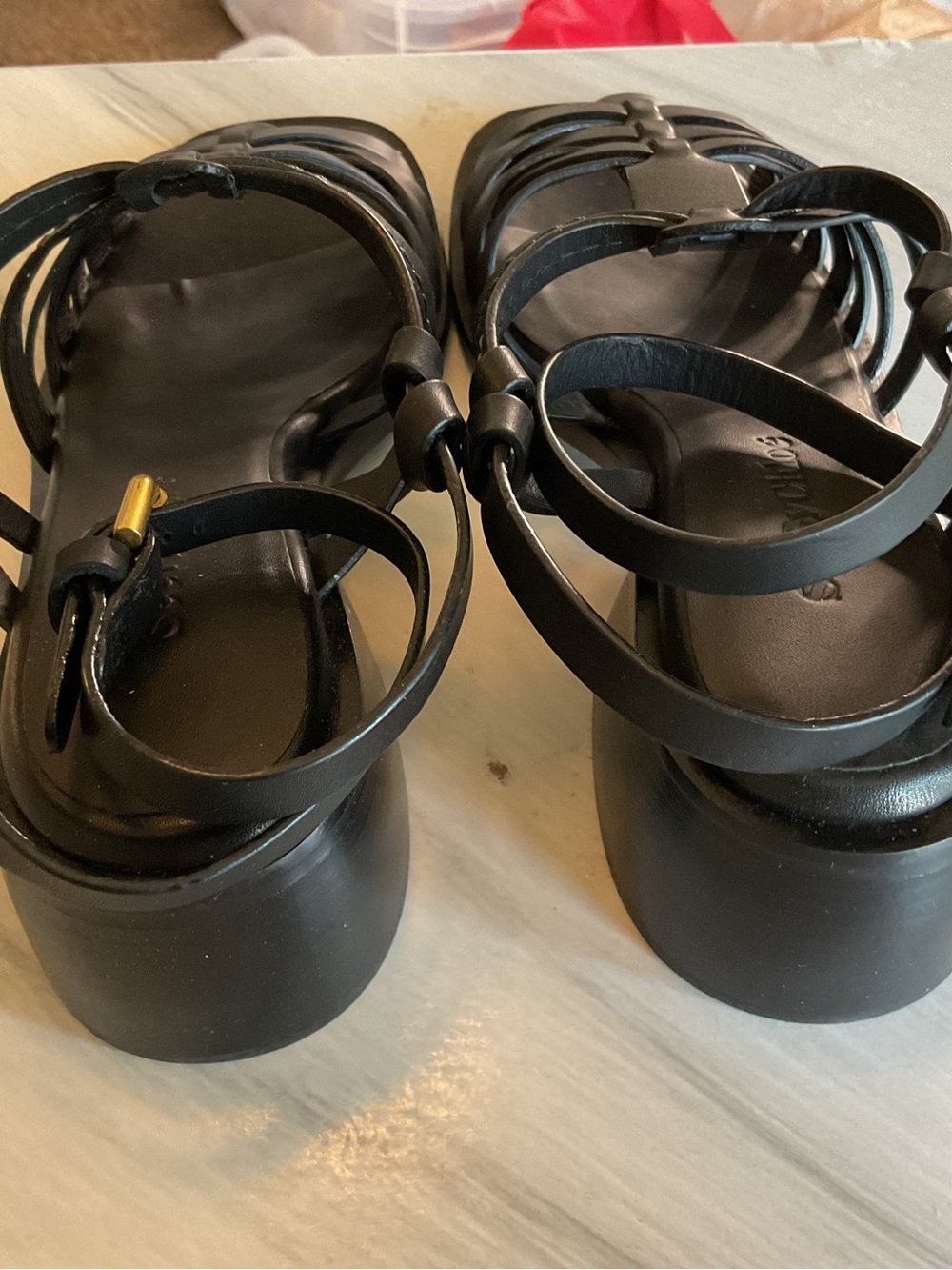 Chloe Black Strappy Leather Gladiator Sandals with Gold Buckle - Picture 5 of 7